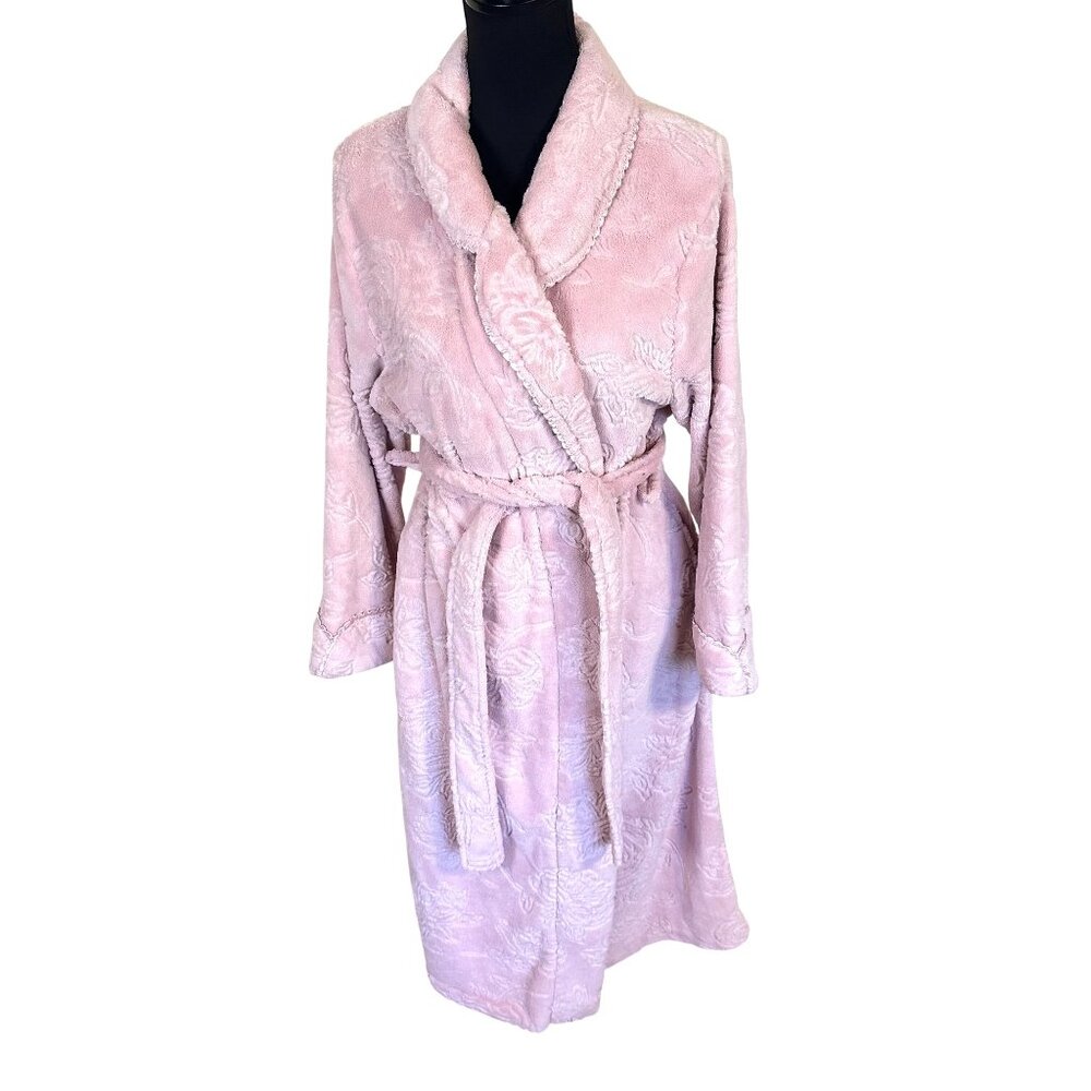 Pink Floral Embossed Plush Bathrobe Belted Shawl Collar Womens L Stan Herman
